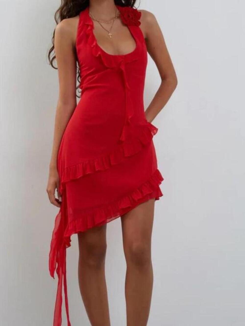 motel ruffle chiffon rosette mini dress in margaret red sz small asymmetrical